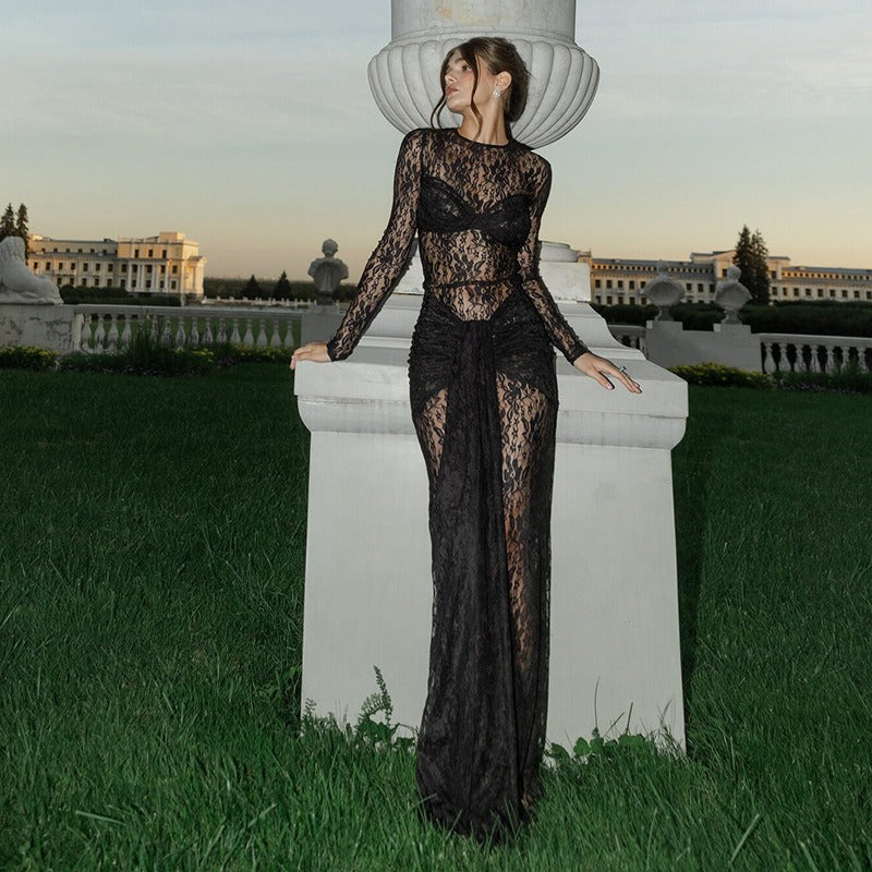 Sariel Lace Maxi Dress with Draped Waist Detail
