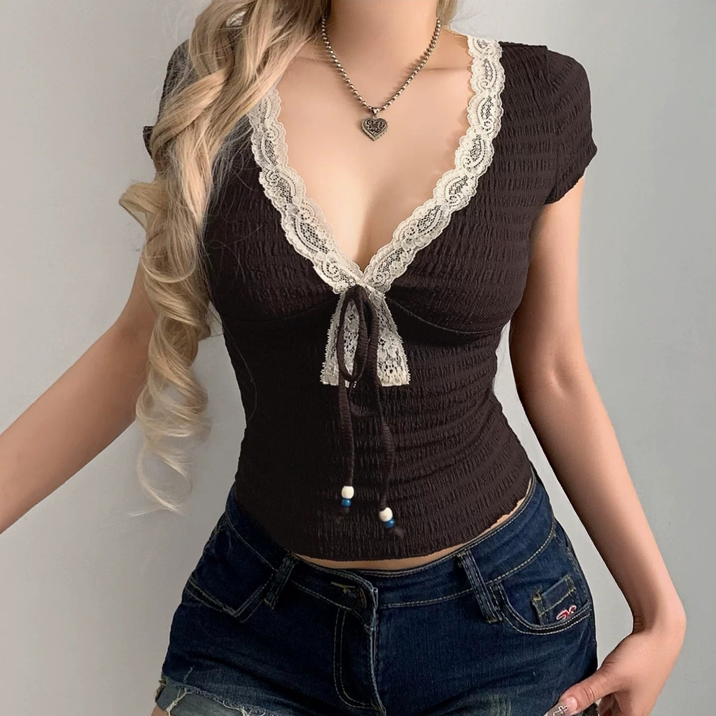 Peyton Lace Trim Tie-Front Ruched Top