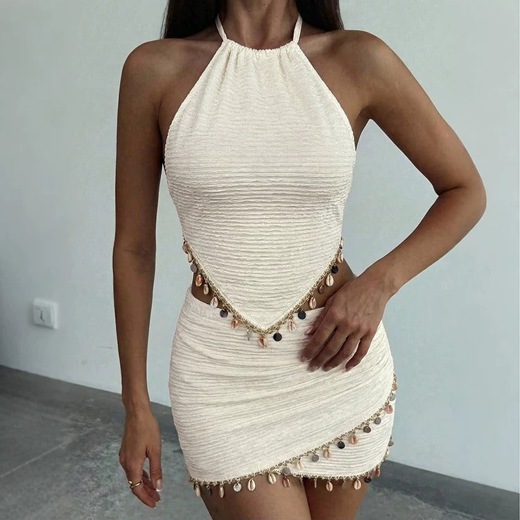 Davina Pearl Charm Ruched Halter Skirt Set