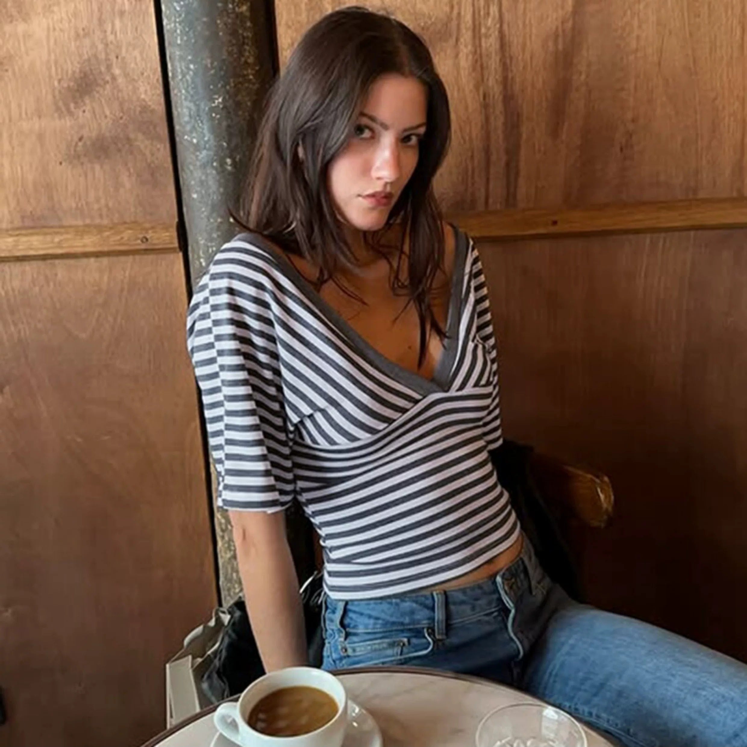 Yuna Striped Deep V-Neck Top
