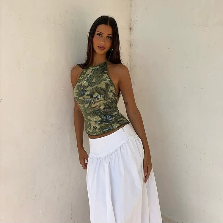 Kaia Camouflage Sequin Halter Top