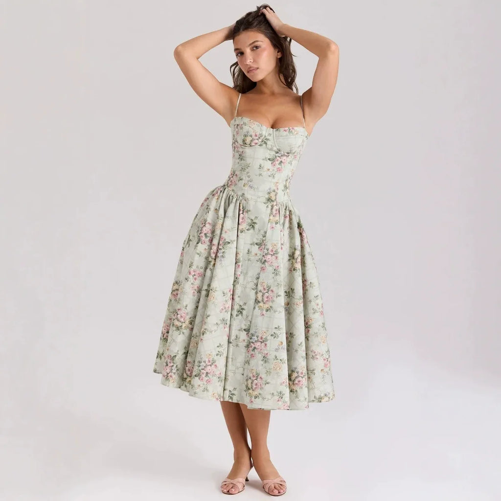 Elora Mint Floral Corset Midi Dress