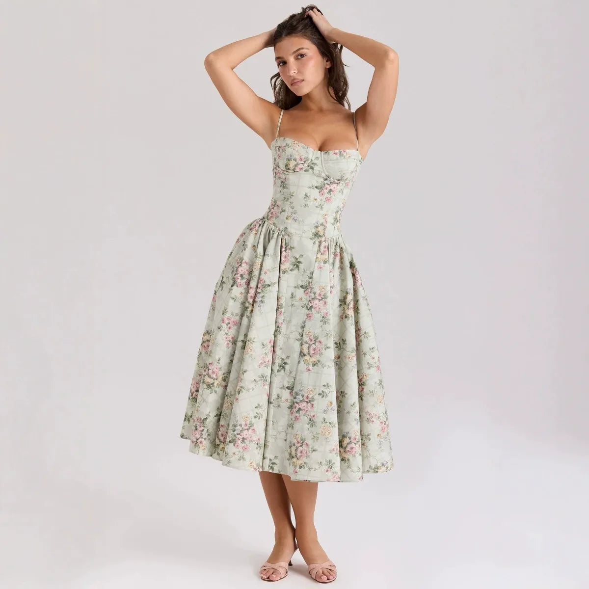 Elora Mint Floral Corset Midi Dress