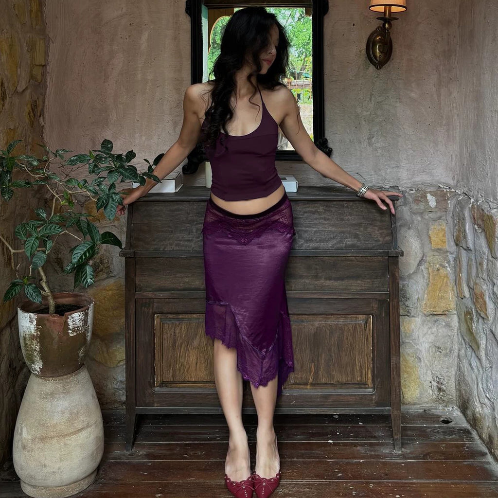 Elara Lace Trim Halter Top & Asymmetrical Skirt Set
