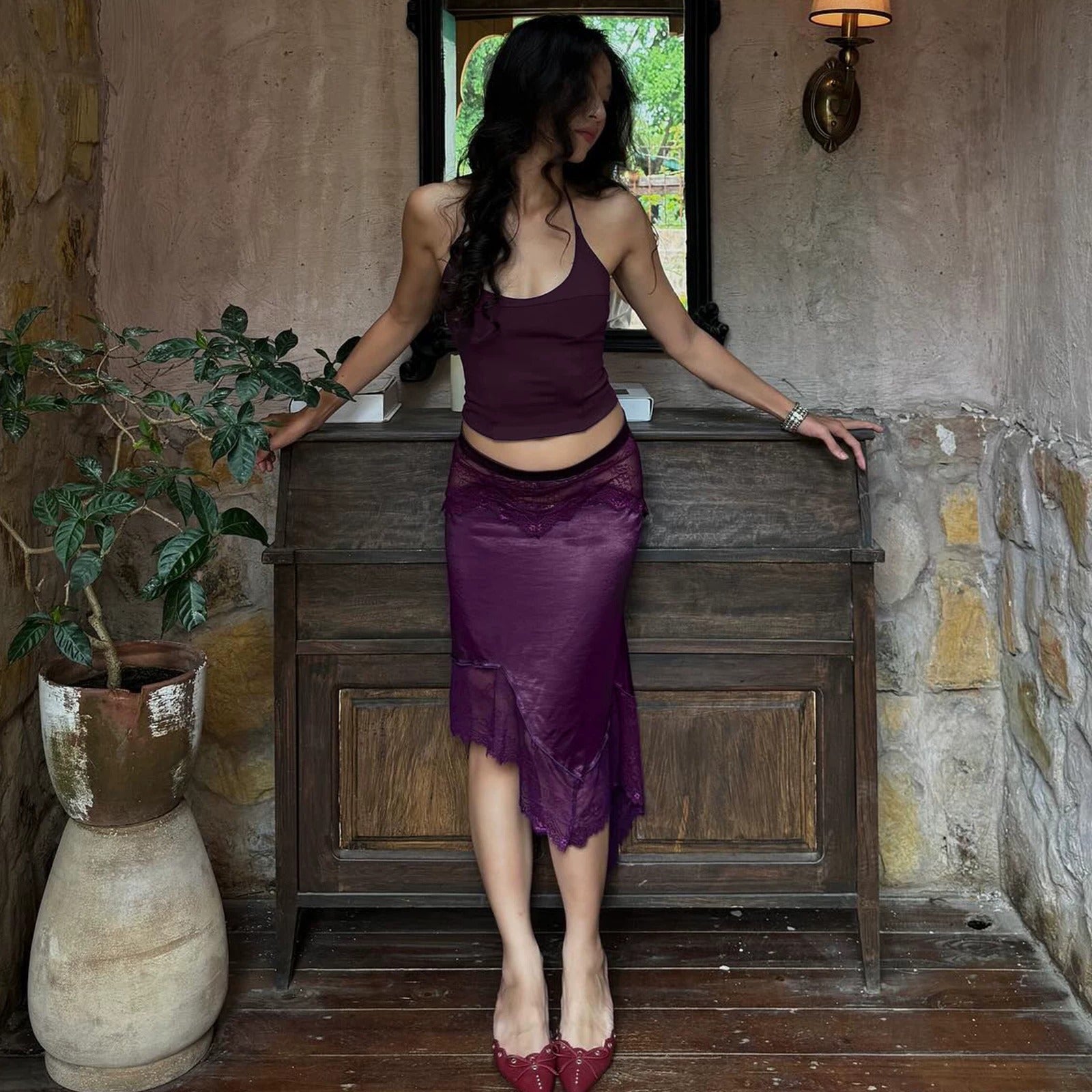 Elara Lace Trim Halter Top & Asymmetrical Skirt Set