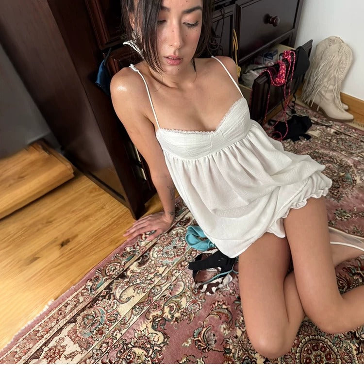 Giselle Lace Trim Ruched White Camisole Top