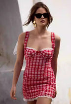 Althea Red Gingham Lace Trim Mini Dress