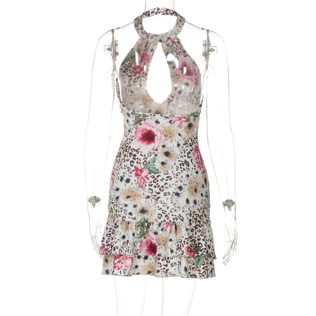 Thais Floral Leopard Halter Mini Dress