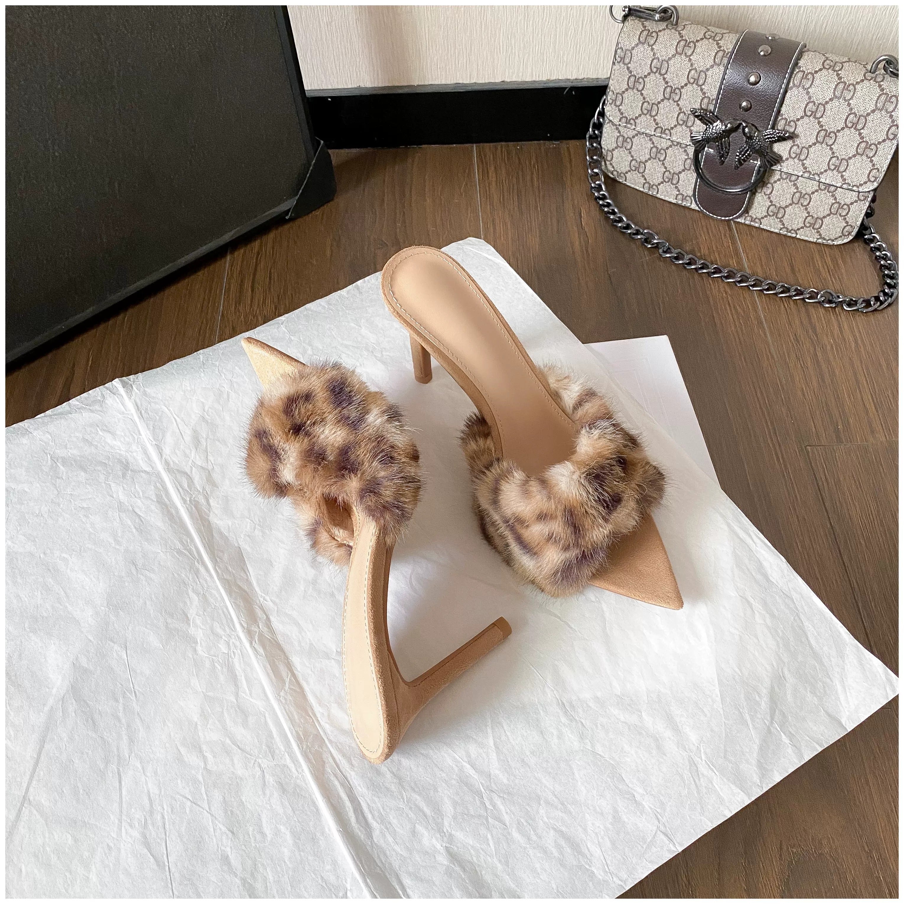 Raina Faux Fur Pointed-Toe Heeled Mules