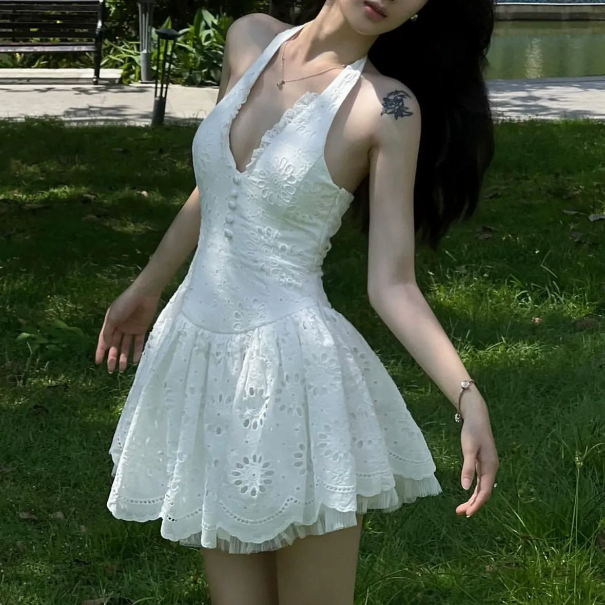Elisae Eyelet Halter Mini Dress