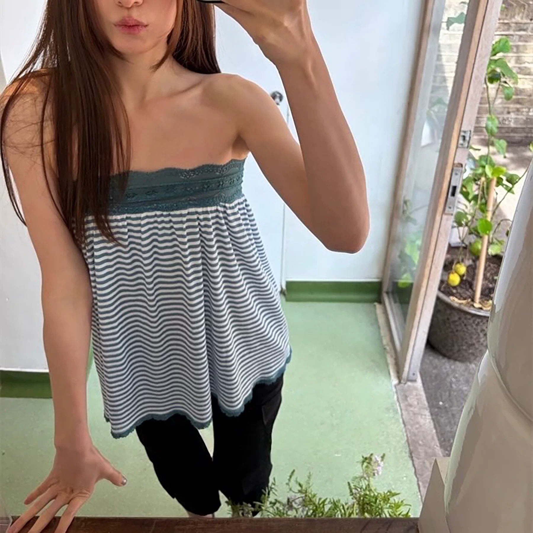 Nadia Plaid Lace-Trim Tube Top