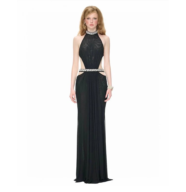 Cora Rhinestone Cutout Halter Maxi Dress
