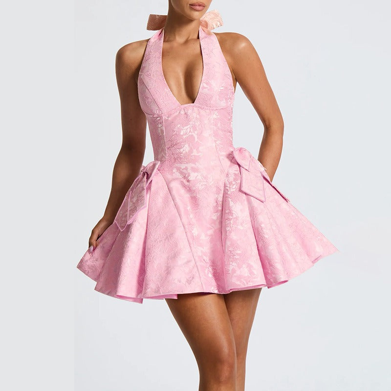 Soline Pink Jacquard Halter Bow Mini Dress