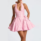 Soline Pink Jacquard Halter Bow Mini Dress