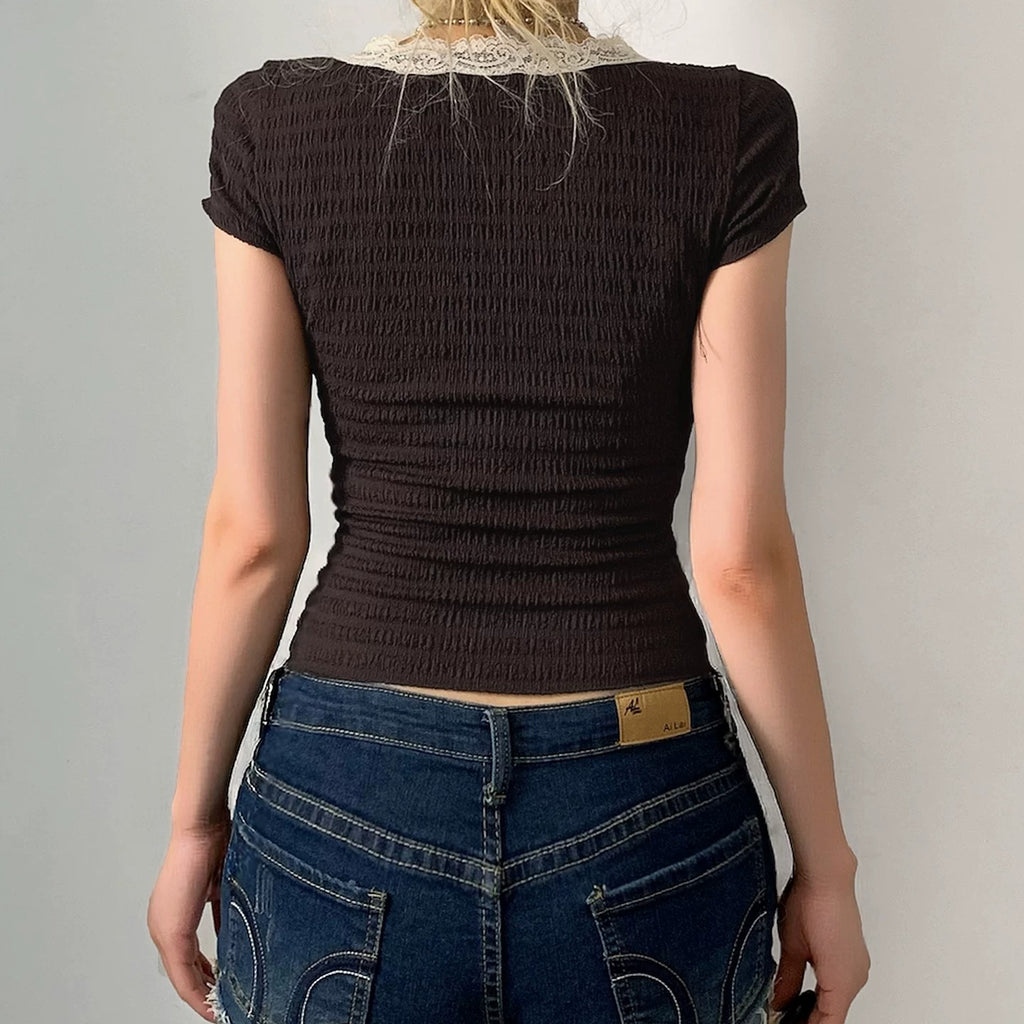 Peyton Lace Trim Tie-Front Ruched Top