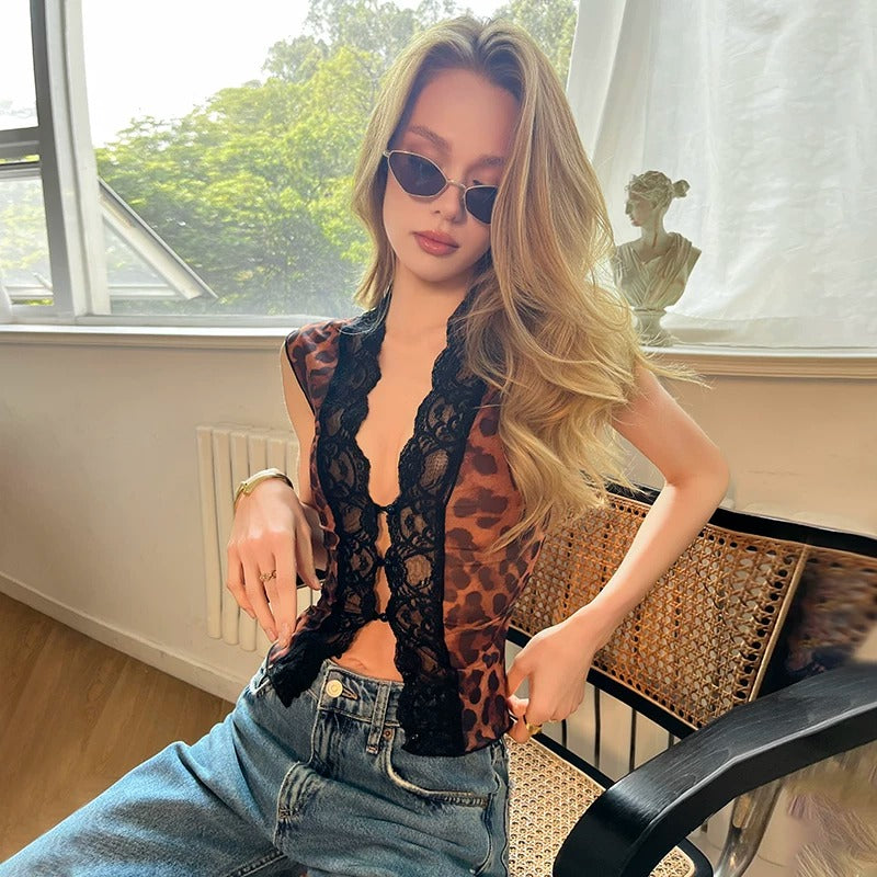 Antea Leopard Lace Sheer Top