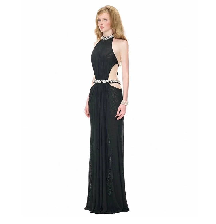 Cora Rhinestone Cutout Halter Maxi Dress