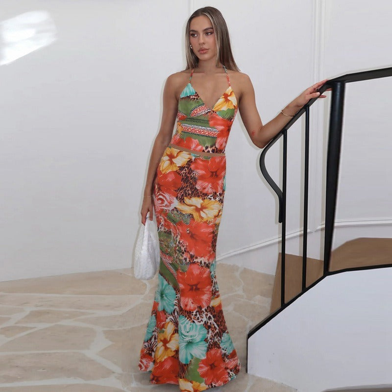 Tropical Print Top & Maxi Skirt Set