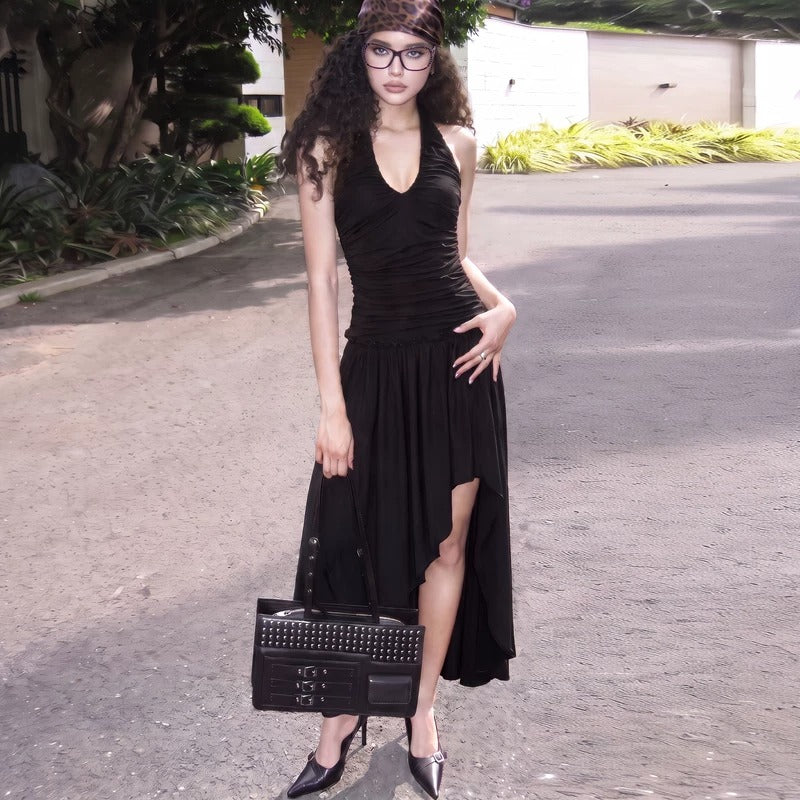 Eden Asymmetric Ruched Halter Maxi Dress