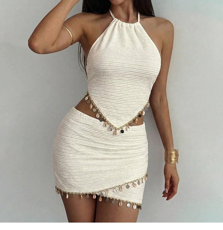 Davina Pearl Charm Ruched Halter Skirt Set