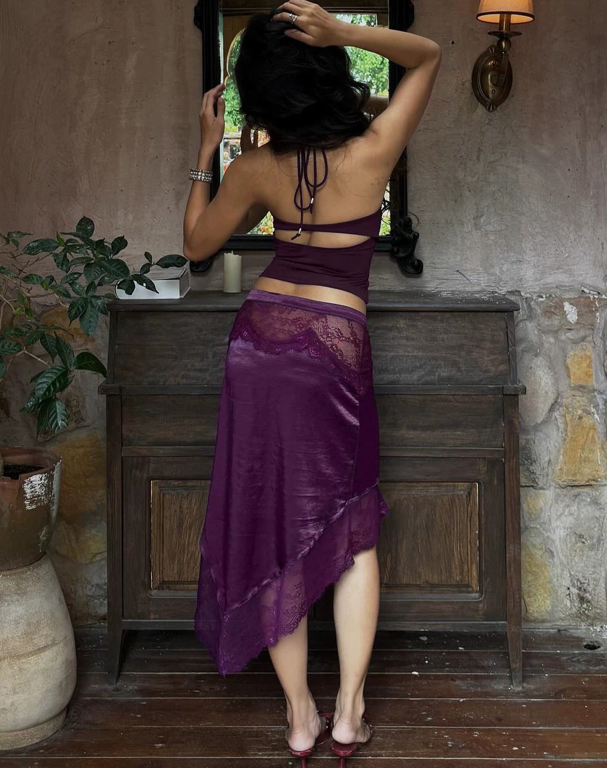 Elara Lace Trim Halter Top & Asymmetrical Skirt Set
