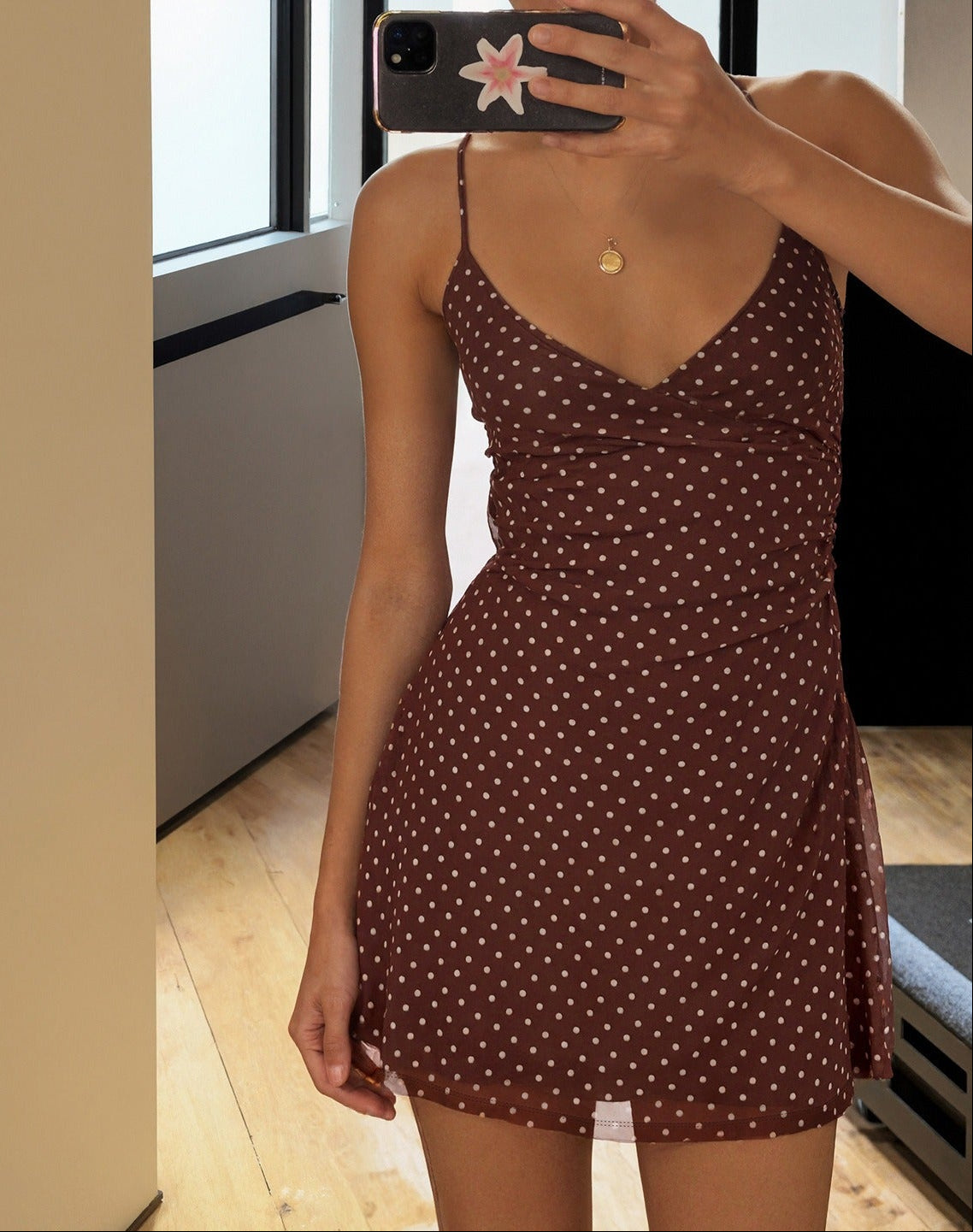 Mocha Polka Dot Slip Mini Dress
