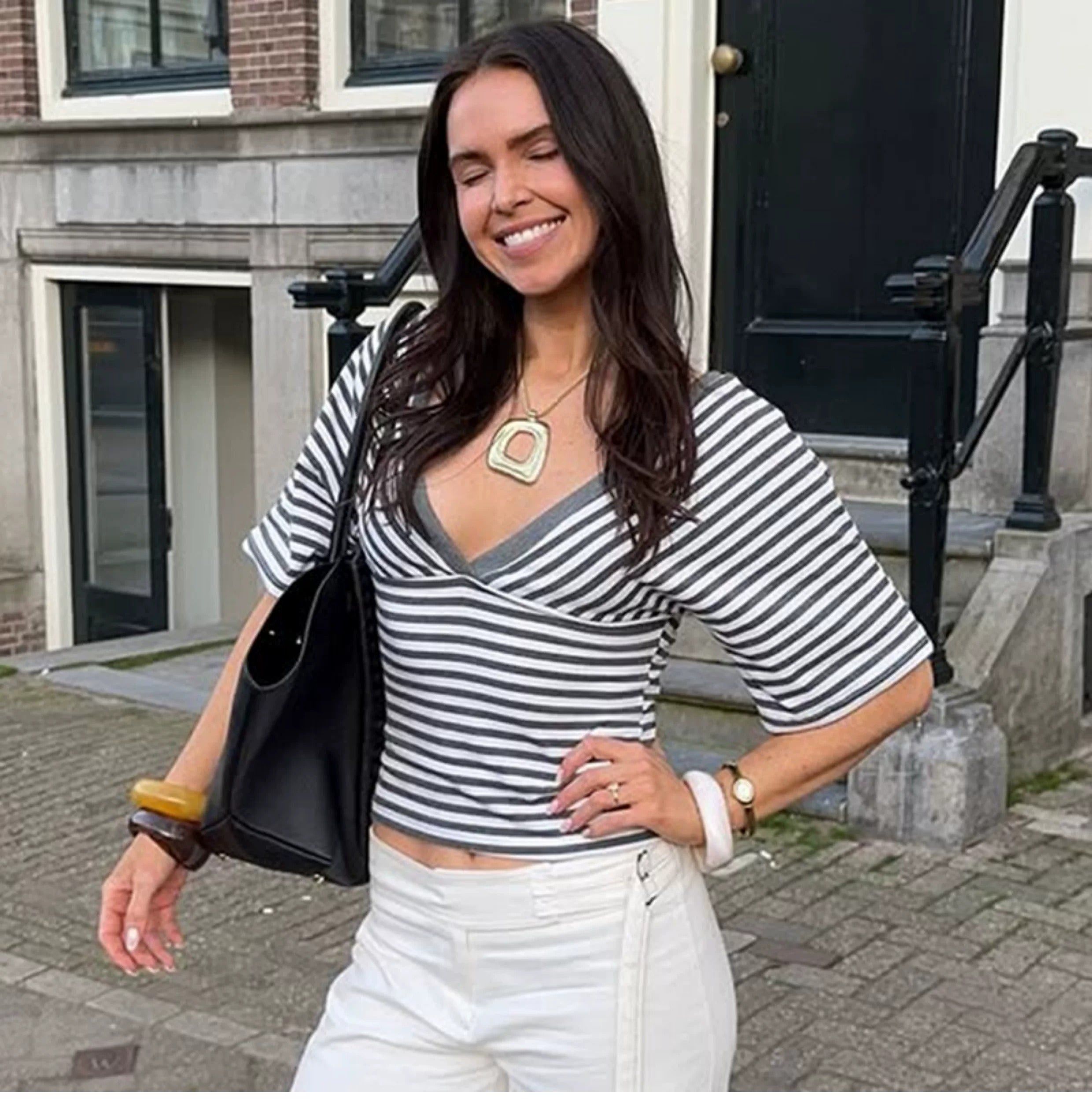 Yuna Striped Deep V-Neck Top
