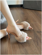 Raina Faux Fur Pointed-Toe Heeled Mules