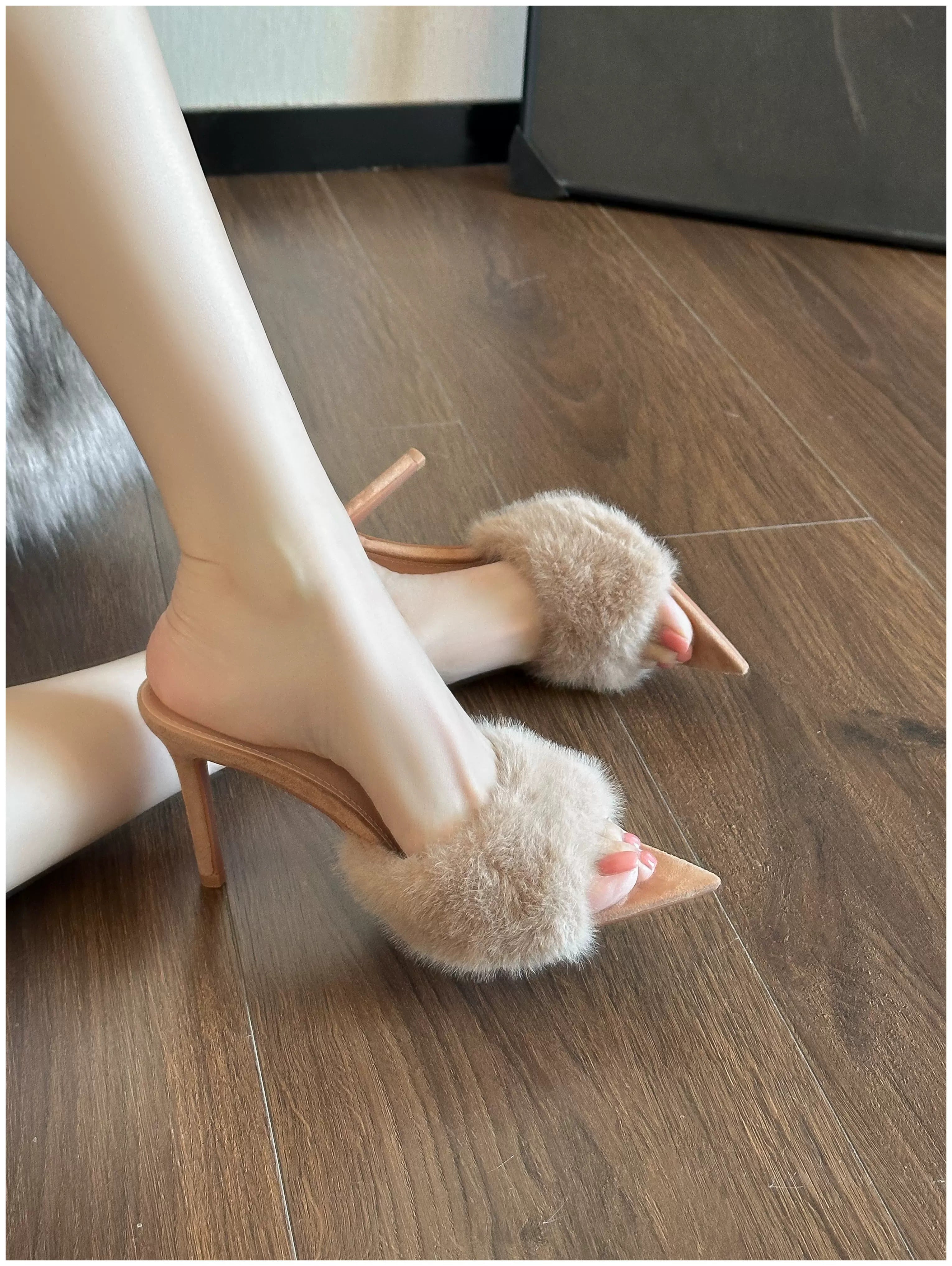 Raina Faux Fur Pointed-Toe Heeled Mules