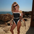 Lorisse Black Contrast Trim Belted Swimsuit