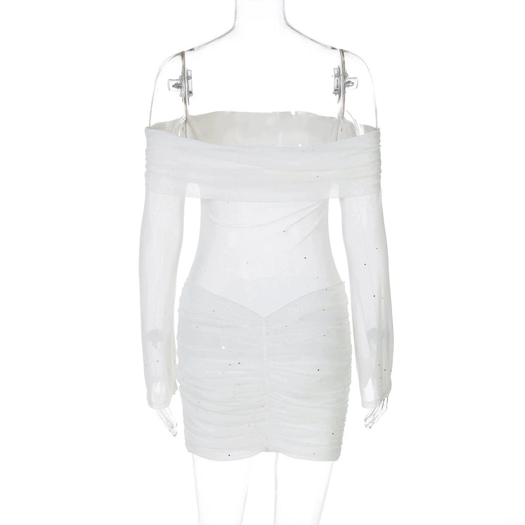 Uzma Sheer Off-Shoulder Ruched Mini Dress