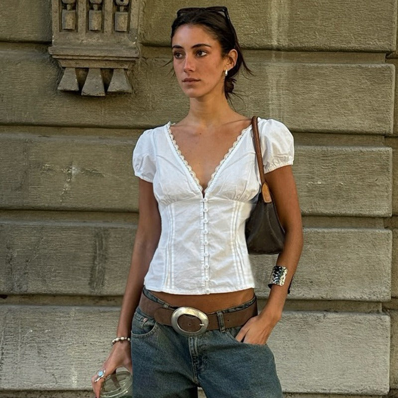 Lace-Trim Puff Sleeve Button Blouse