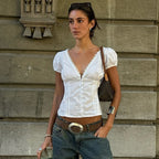 Lace-Trim Puff Sleeve Button Blouse