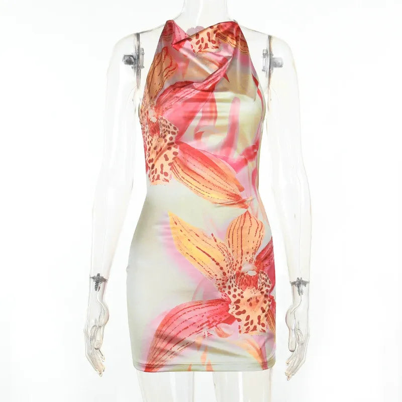 Maevin Tropical Orchid Halter Mini Dress