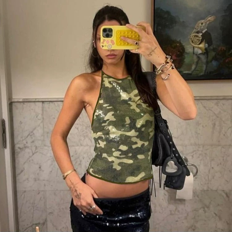 Kaia Camouflage Sequin Halter Top