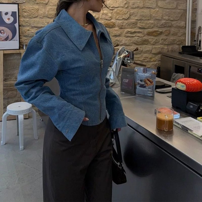 Avery Cropped Denim Zip-Up Jacket