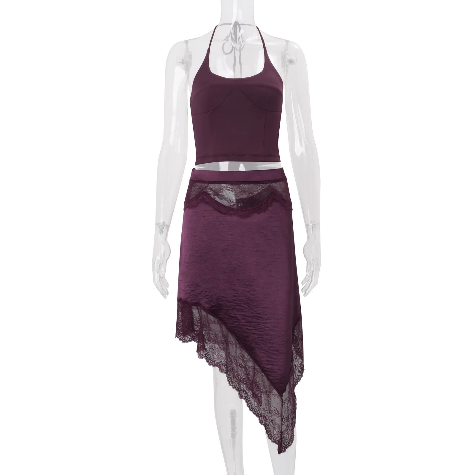 Elara Lace Trim Halter Top & Asymmetrical Skirt Set