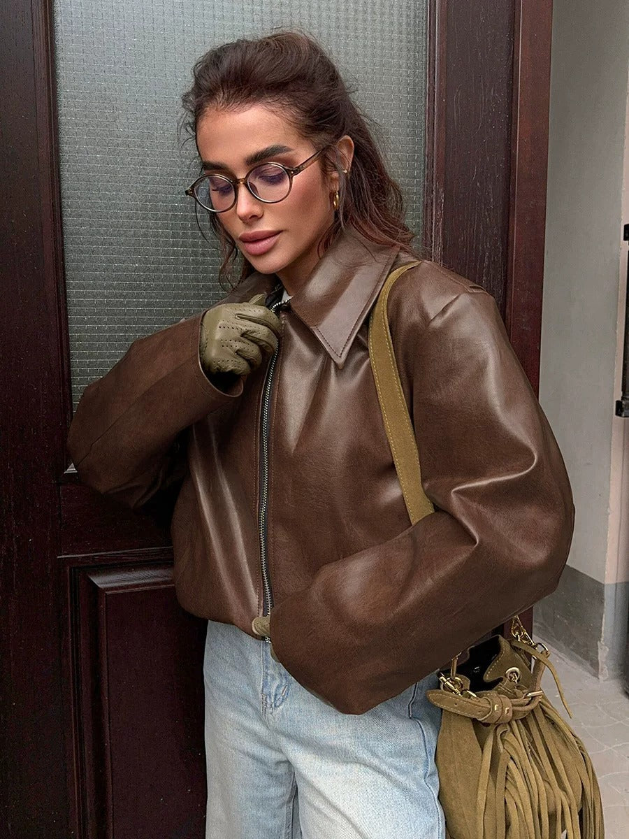 Geneva Faux Leather Bomber Jacket