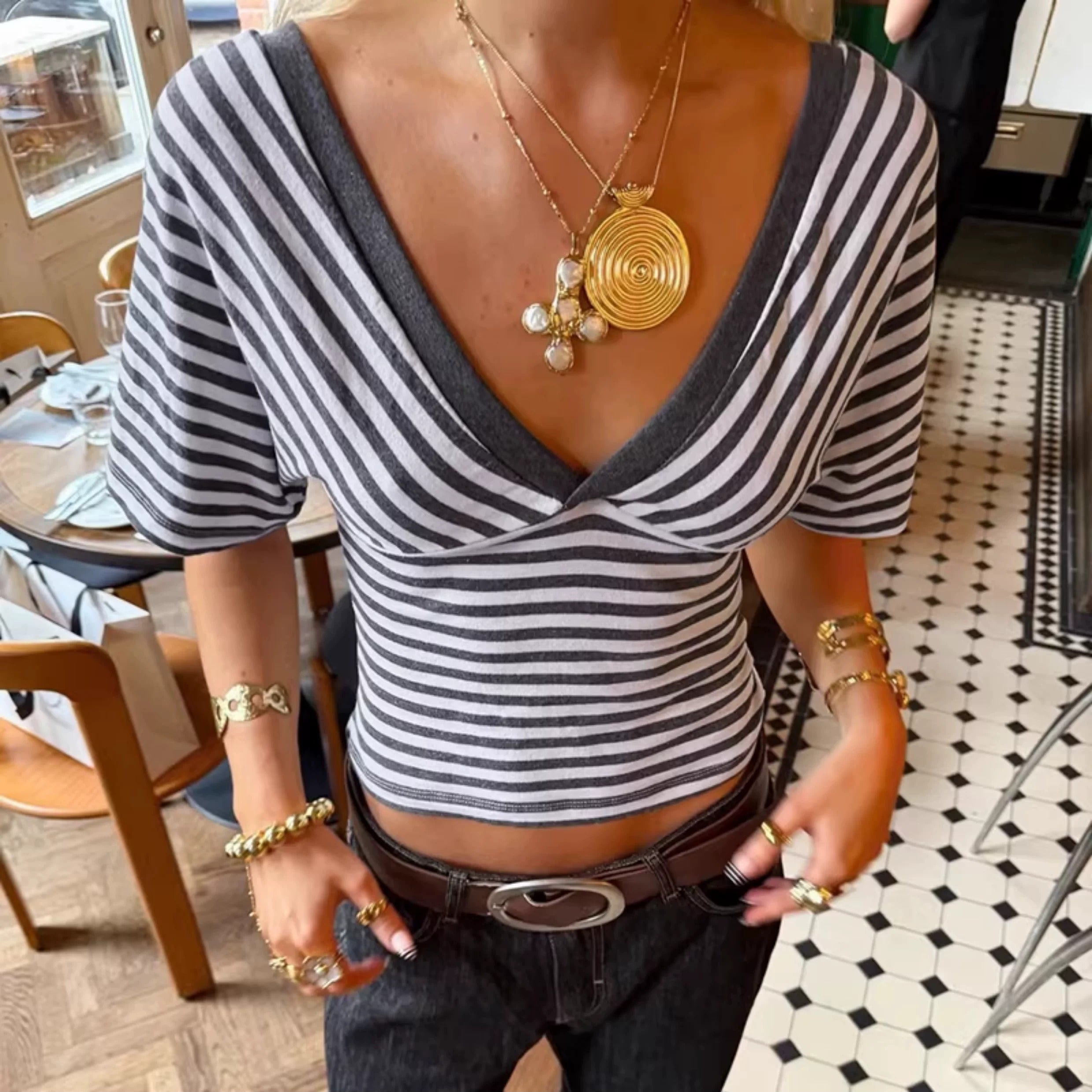 Yuna Striped Deep V-Neck Top