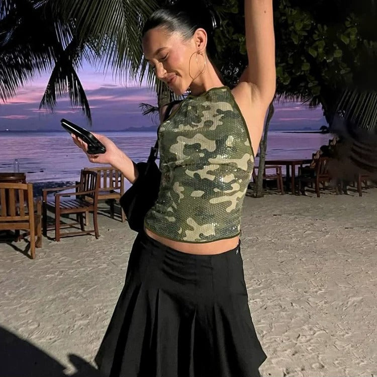 Kaia Camouflage Sequin Halter Top