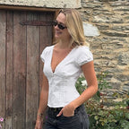 Lace-Trim Puff Sleeve Button Blouse