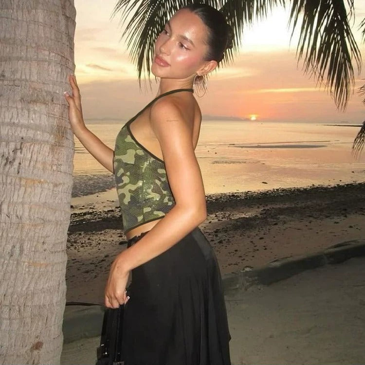 Kaia Camouflage Sequin Halter Top