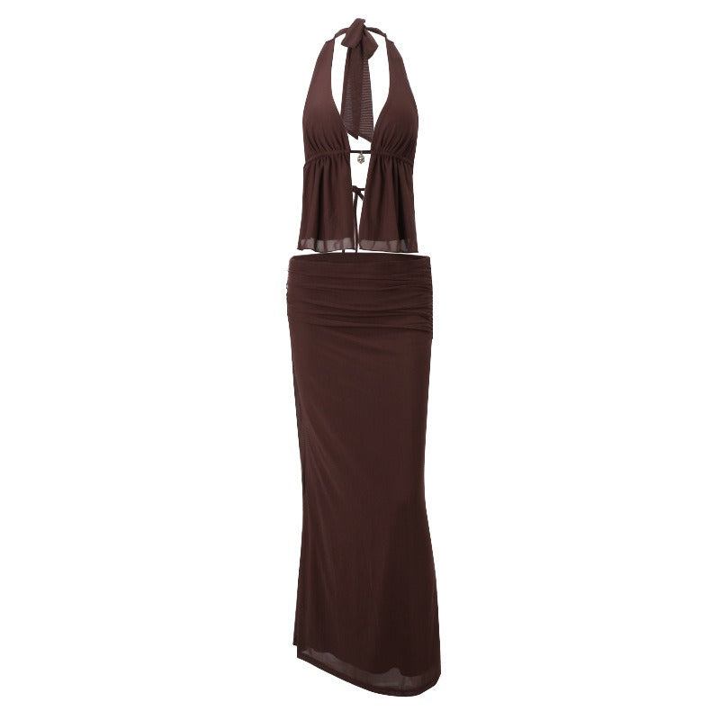 Chocolate Halter Maxi Skirt Set