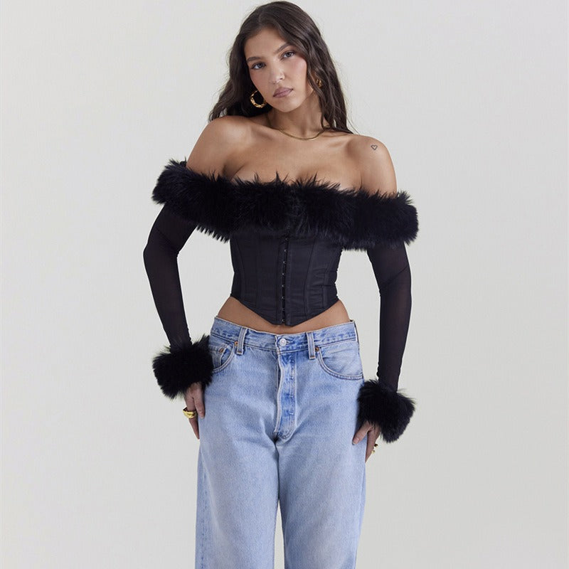 Faux Fur Trim Corset Top