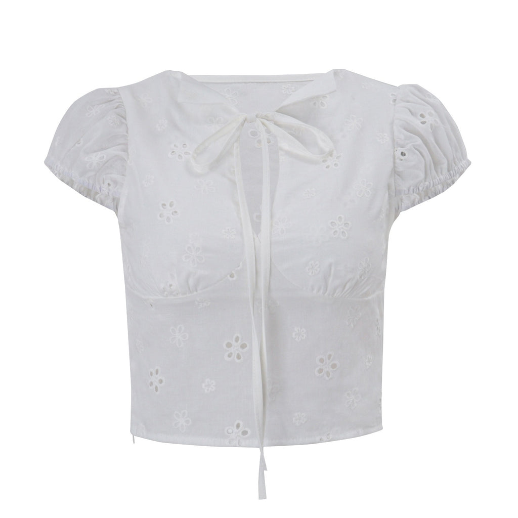 Lian Embroidered Tie-Front Crop Top