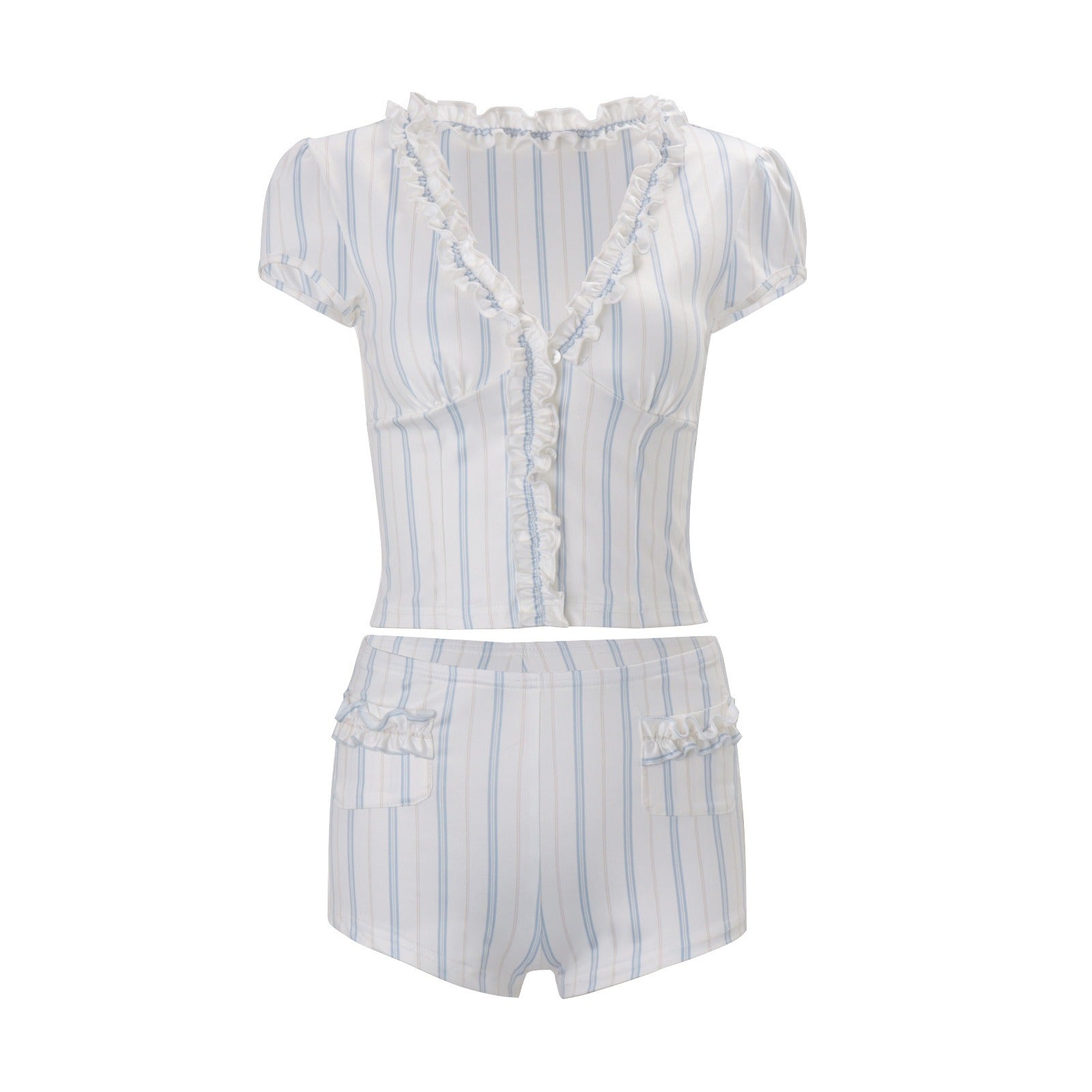 Urska Striped Ruffle Trim Shorts Set