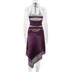 Elara Lace Trim Halter Top & Asymmetrical Skirt Set