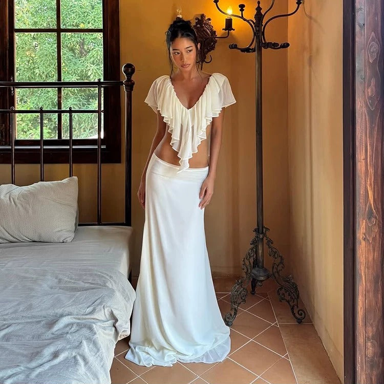 Briar Ivory Ruffle Draped Maxi Skirt Set