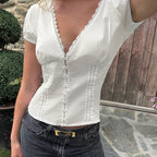 Lace-Trim Puff Sleeve Button Blouse