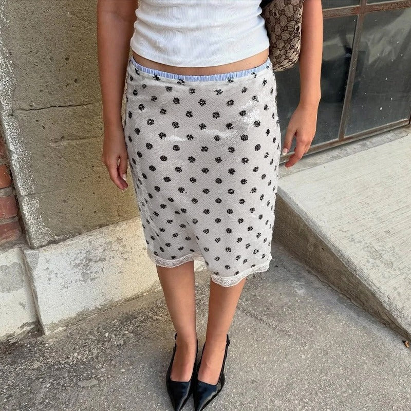 Nisa Sequin Polka Dot Lace Hem Midi Skirt